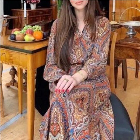 Zara Bohemian Print Side Slit V-Neck Maxi Dress Tunic - Picture 8 of 12